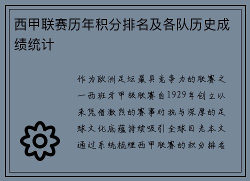 西甲联赛历年积分排名及各队历史成绩统计