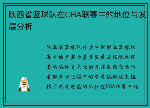 陕西省篮球队在CBA联赛中的地位与发展分析